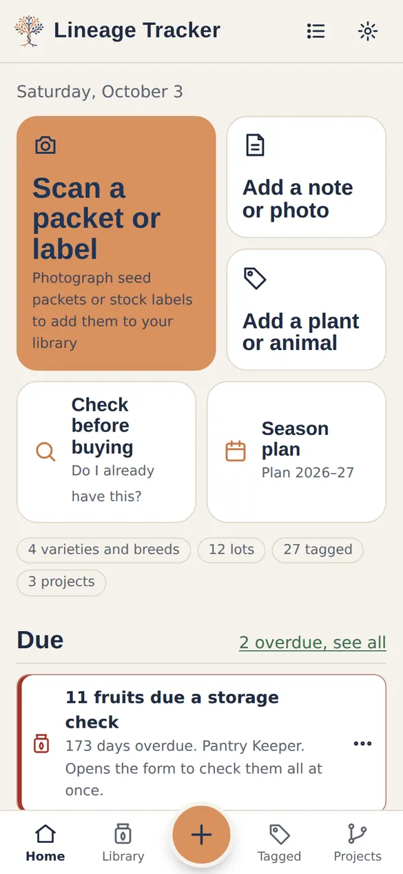The home screen, with quick actions and things due